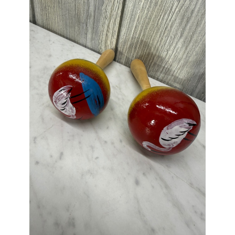 Vintage Hand Painted Wooden Maracas Pair Ecuador Flamingo Tropical Multi Color - Picture 3 of 5